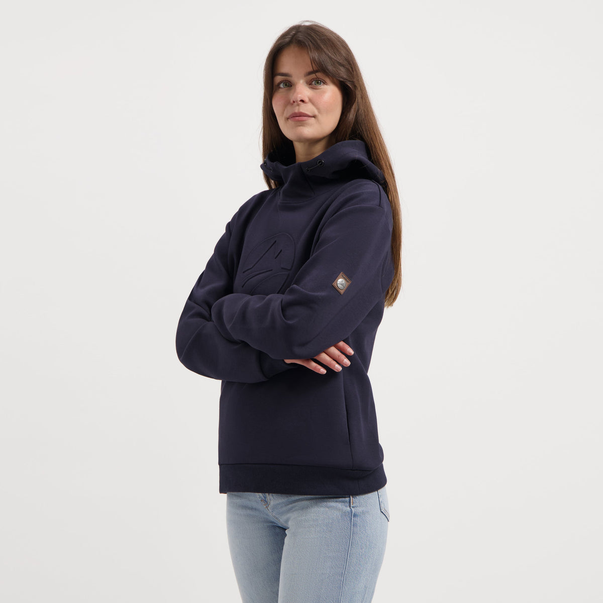 Women's navy hooded sweatshirt with long sleeves, ribbed trims and chest emblem