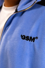 Men's blue fleece jacket with black panels, hood and zip front