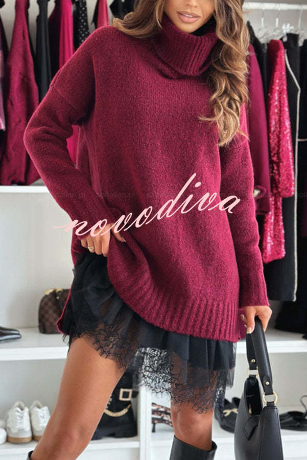 Women's relaxed turtleneck knit sweater with long sleeves and ribbed trims