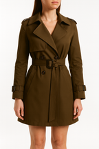 Women's belted double-breasted trench coat with long sleeves and notched collar