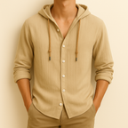 Hooded button-front shirt with long sleeves and curved hem