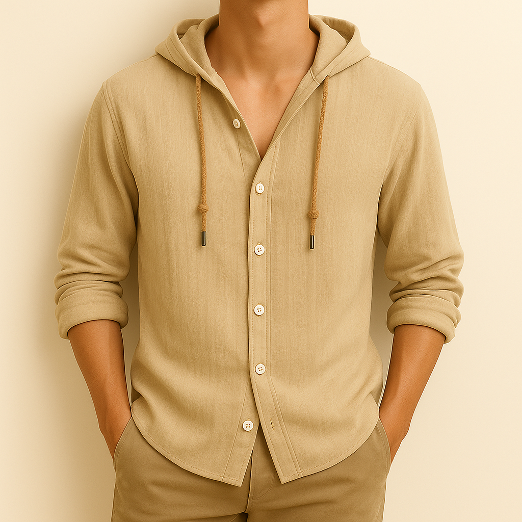 Hooded button-front shirt with long sleeves and curved hem