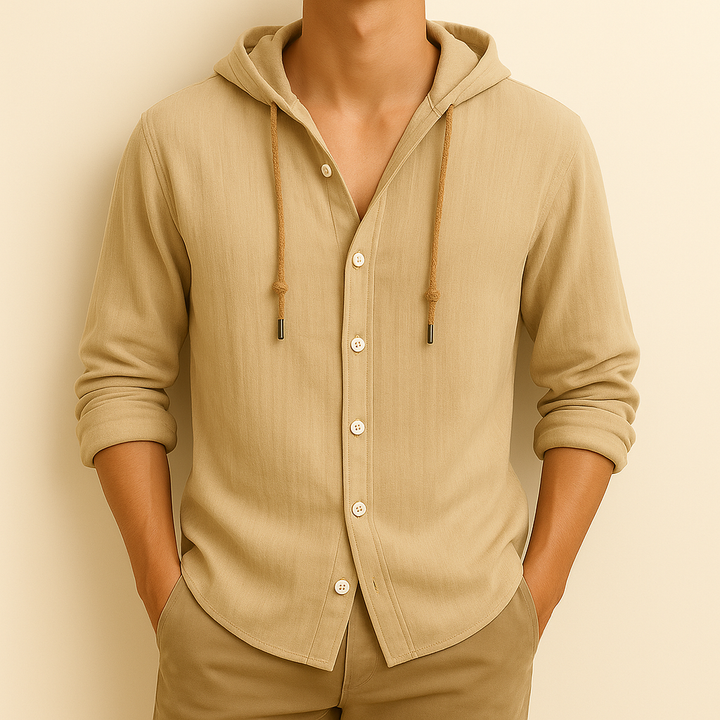 Hooded button-front shirt with long sleeves and curved hem
