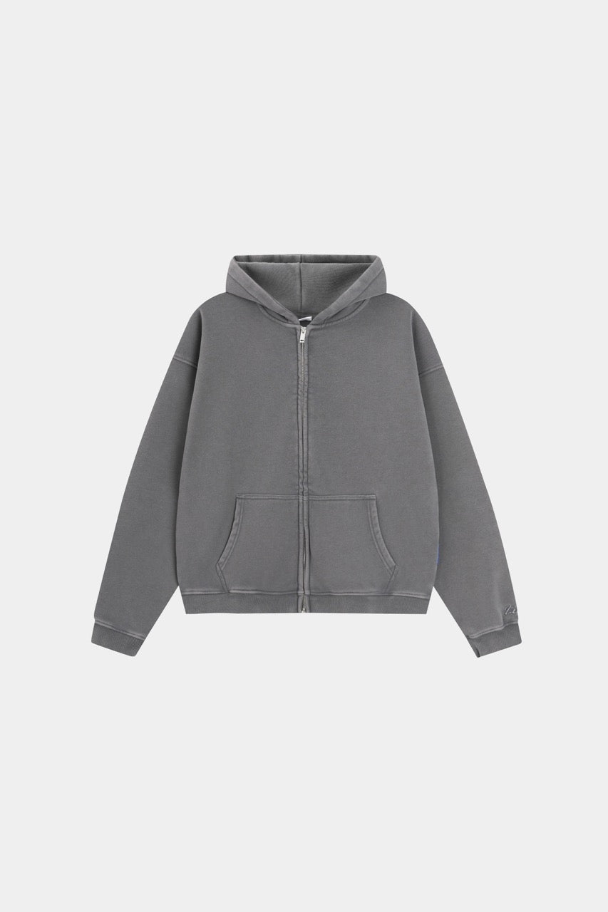 Charcoal unisex zip hoodie with drawstring hood and front pockets