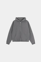 Charcoal unisex zip hoodie with drawstring hood and front pockets
