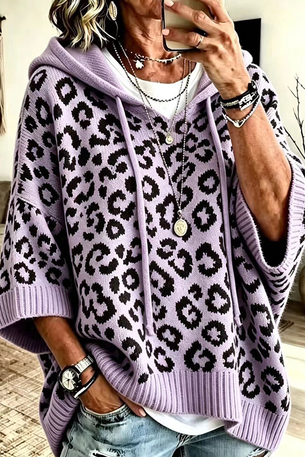 Women's leopard print hooded sweater with three-quarter sleeves