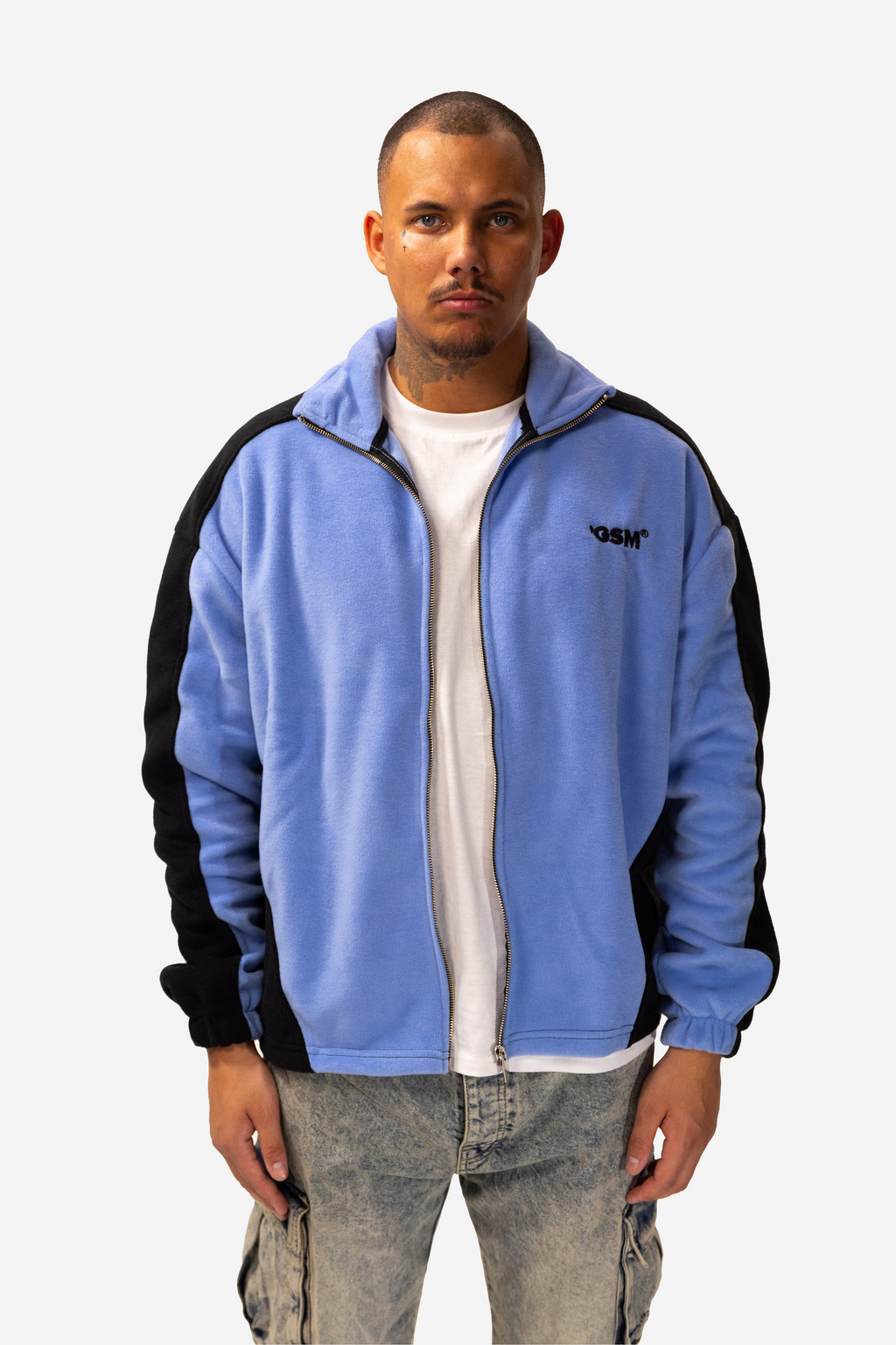 Men's blue fleece jacket with black panels, hood and zip front