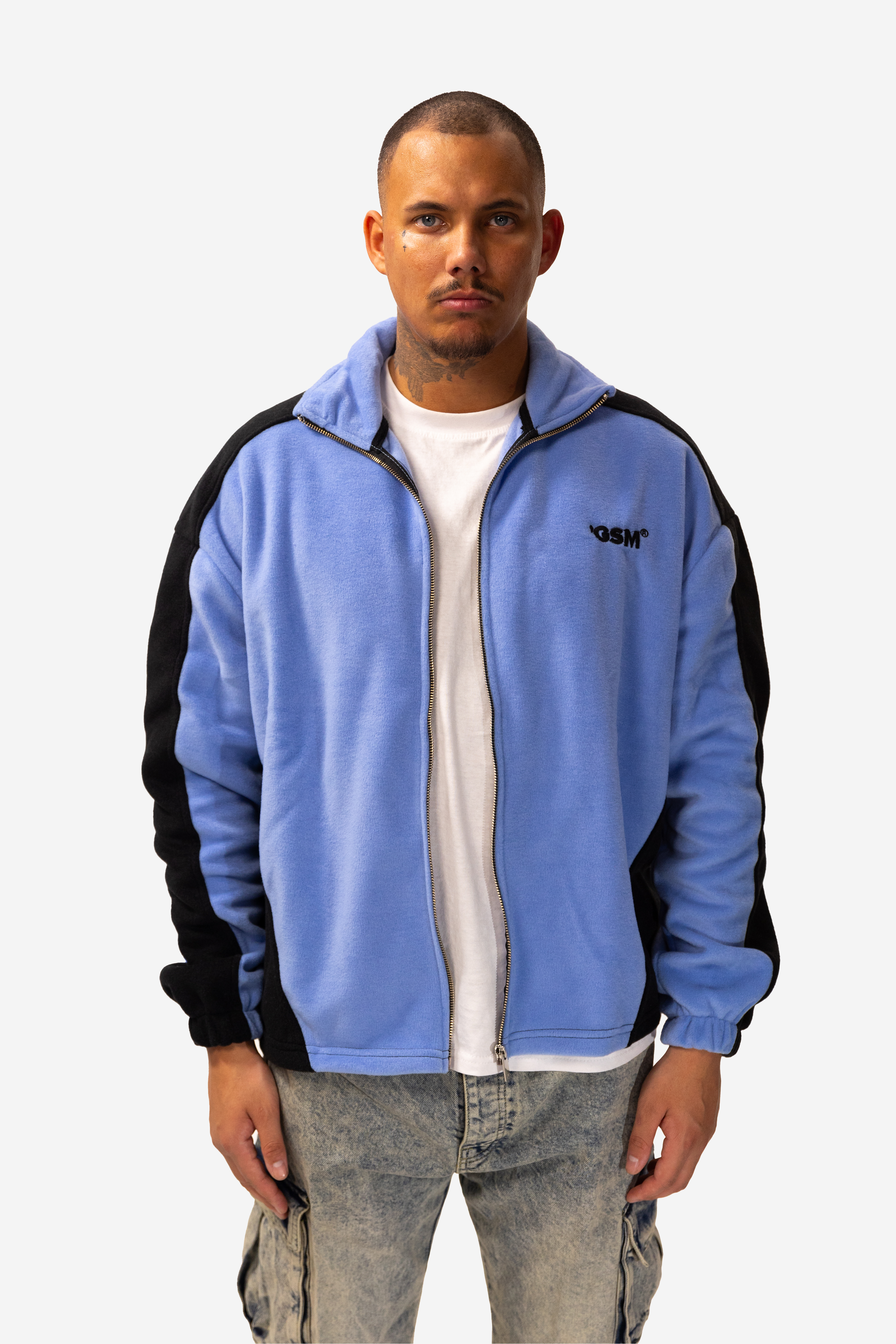 Men's blue fleece jacket with black panels, hood and zip front