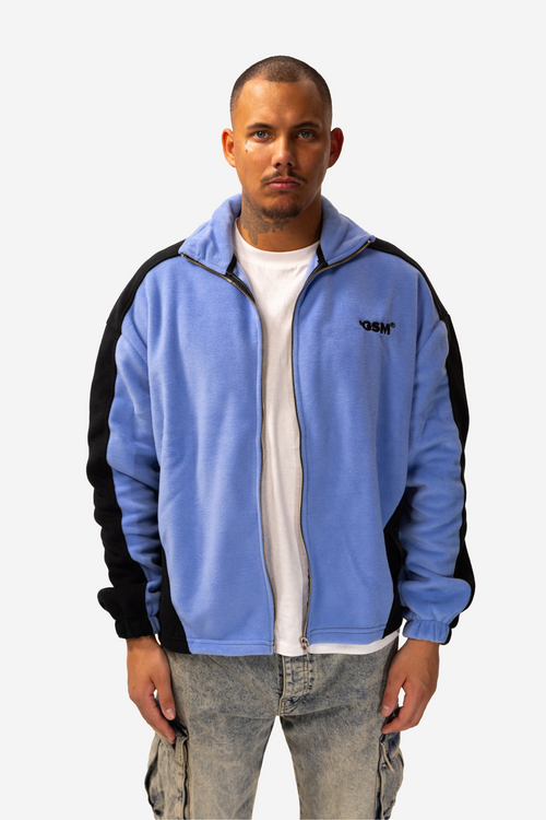 Men's blue fleece jacket with black panels, hood and zip front