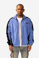 Men's blue fleece jacket with black panels, hood and zip front