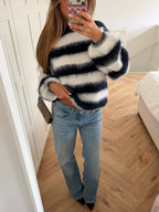 Women's navy and cream striped mock neck jumper with long sleeves