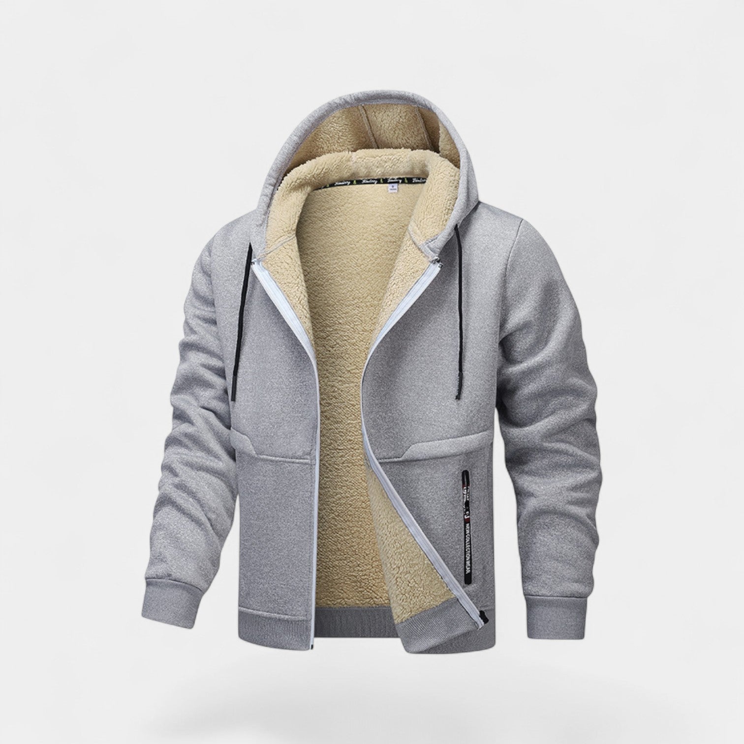Men's hooded zip cardigan with contrasting sherpa-style lining