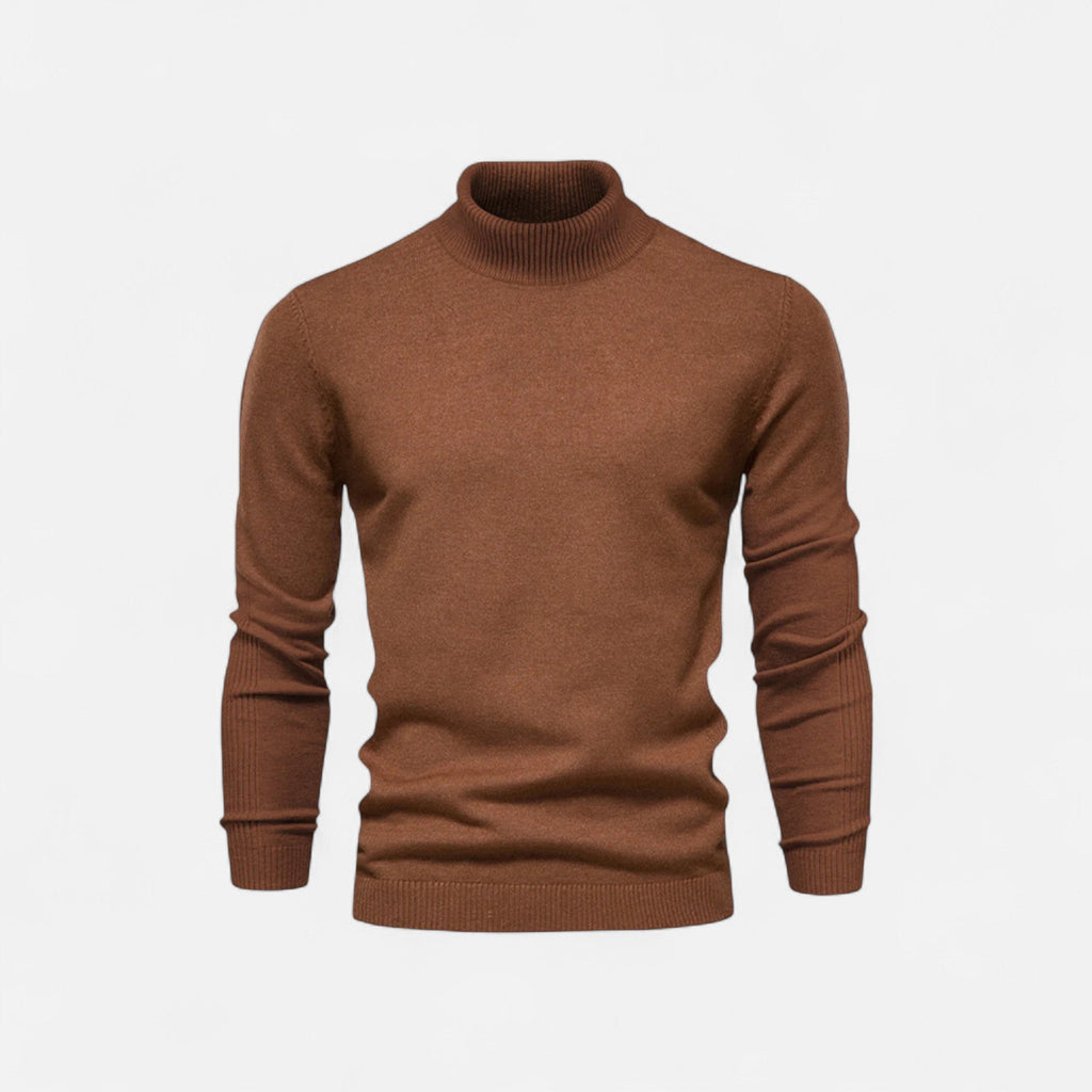 Men's half-zip knit sweater with raised turtleneck collar