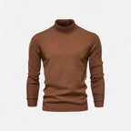 Men's half-zip knit sweater with raised turtleneck collar