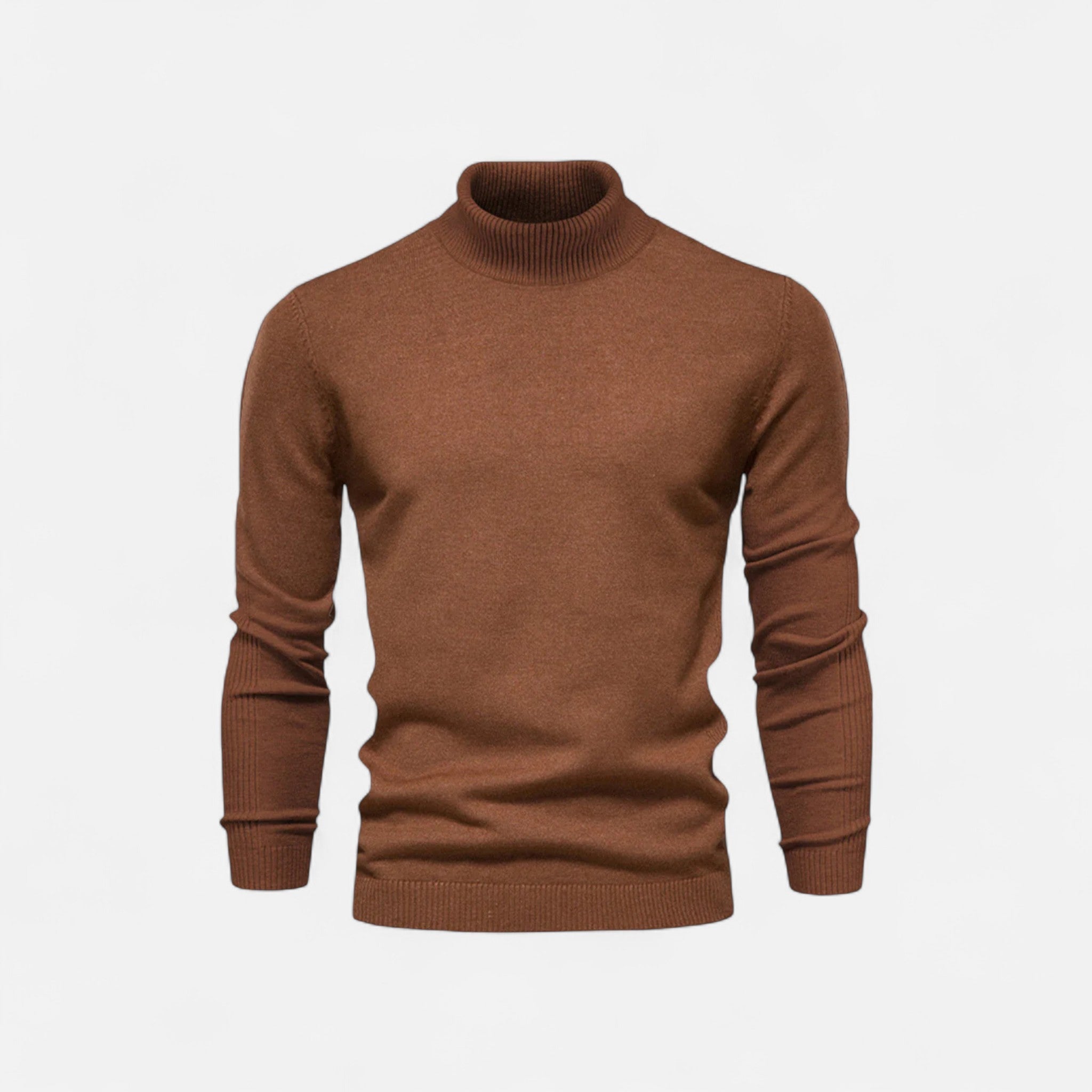 Men's half-zip knit sweater with raised turtleneck collar