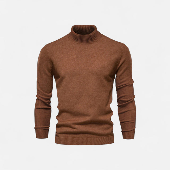 Men's half-zip knit sweater with raised turtleneck collar