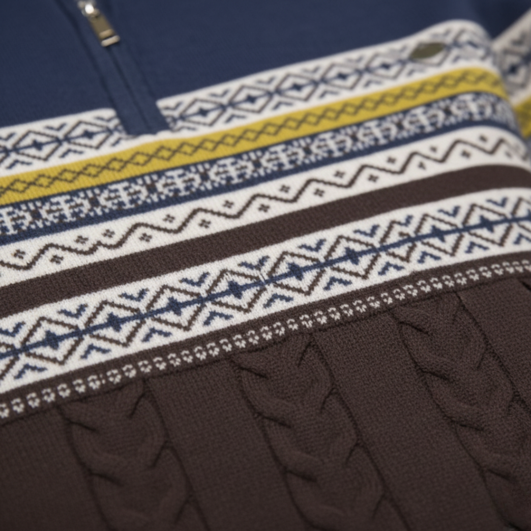 Men's patterned half-zip sweater with ribbed collar
