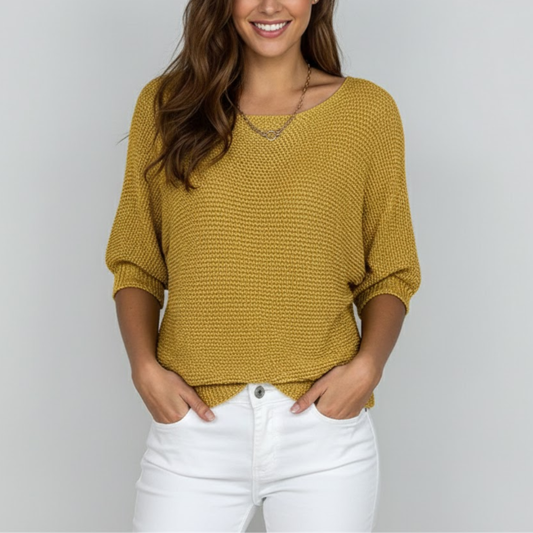 Women's textured knit jumper with wide boat neckline and three quarter sleeves