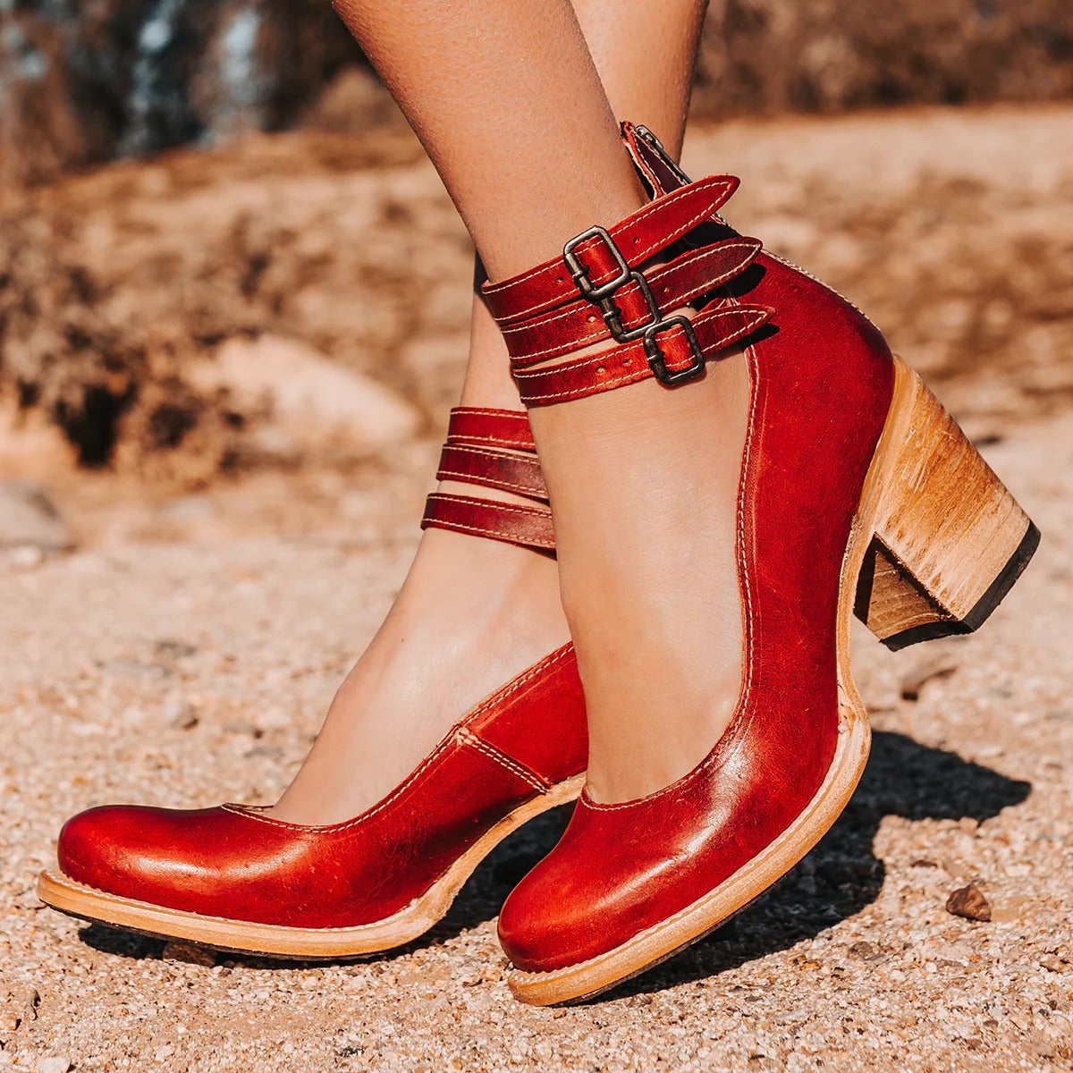 Women's ankle boots with three buckle straps and block heel