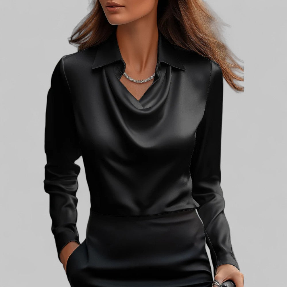 Women's long-sleeve blouse with draped neckline and pointed collar