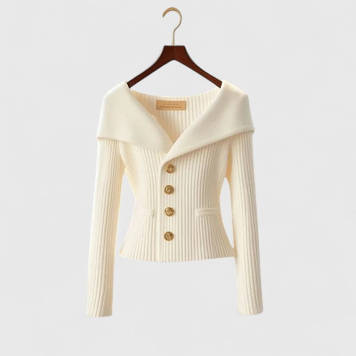 Women's ribbed button cardigan with wide collar and long sleeves