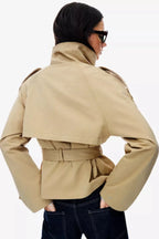 Women's belted trench jacket with high collar, long sleeves and front buttons