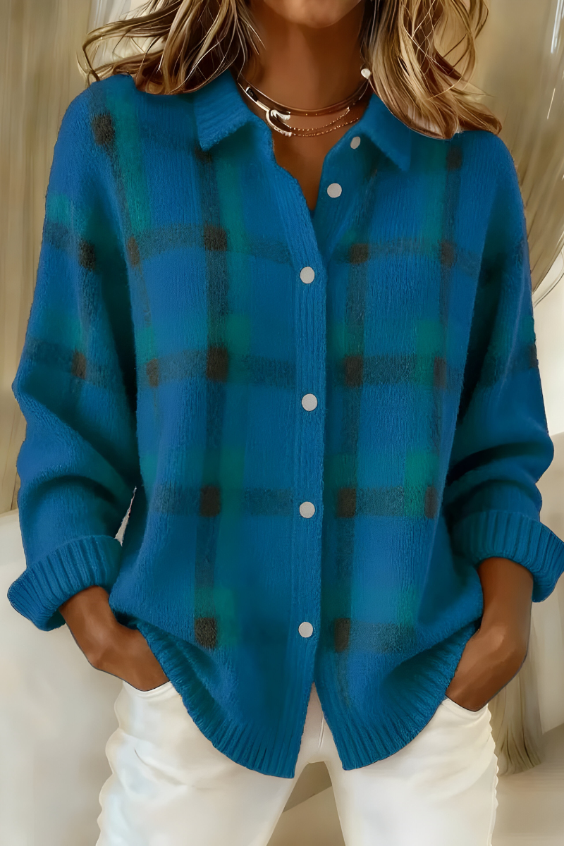 Women's checked collared cardigan with button front