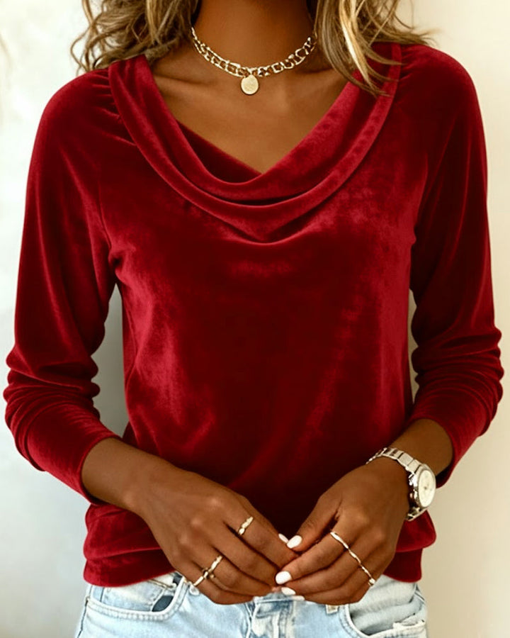 Women's long-sleeved velvet top with draped cowl neckline