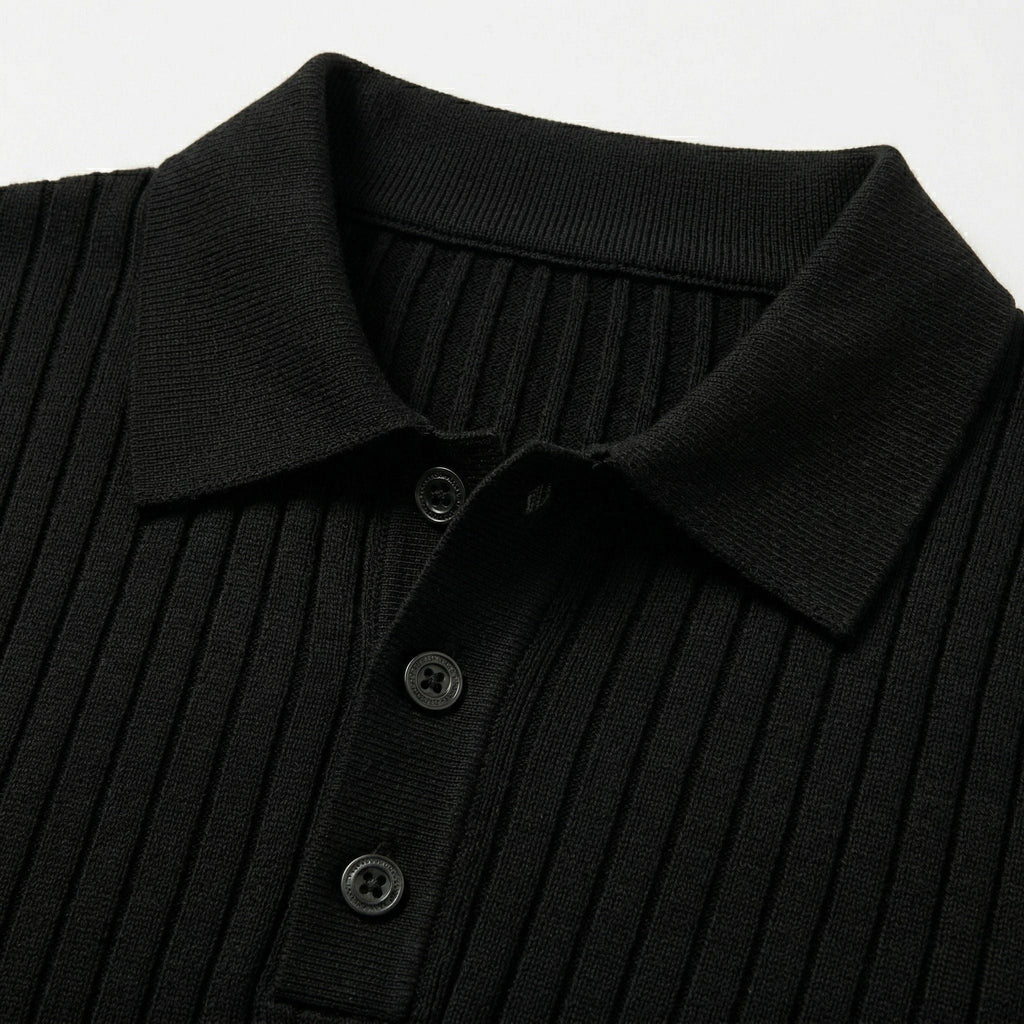 Men's ribbed knit polo shirt with short sleeves and button placket