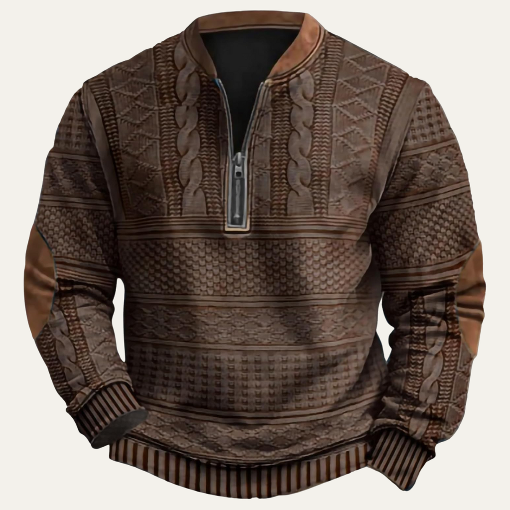 Men's patterned half-zip sweater with mock neck and brown elbow patches
