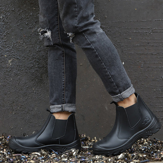 Women's Chelsea work boots with elastic panels and chunky lug soles