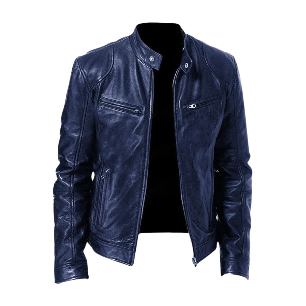 Men's zip front biker jacket with stand collar and zipped pockets