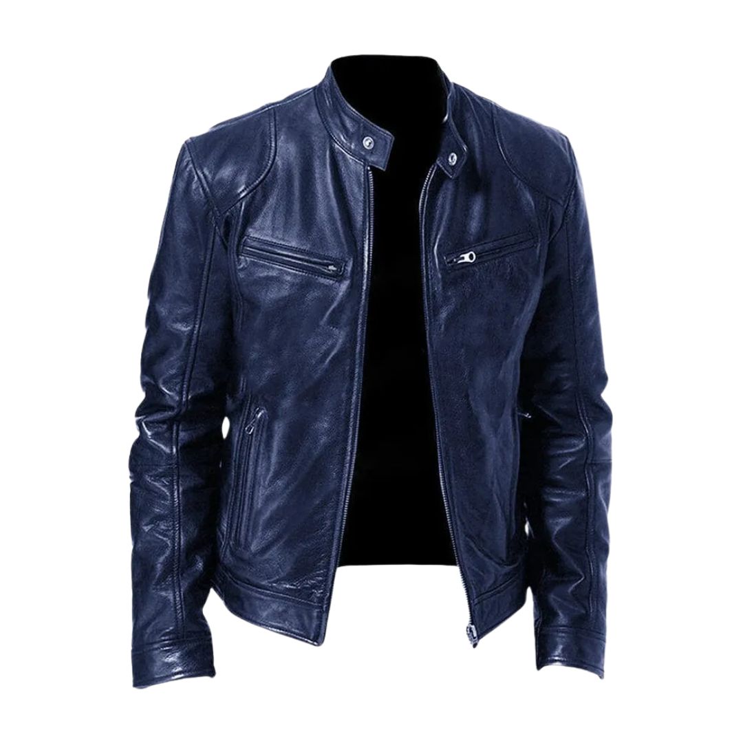 Men's zip front biker jacket with stand collar and zipped pockets