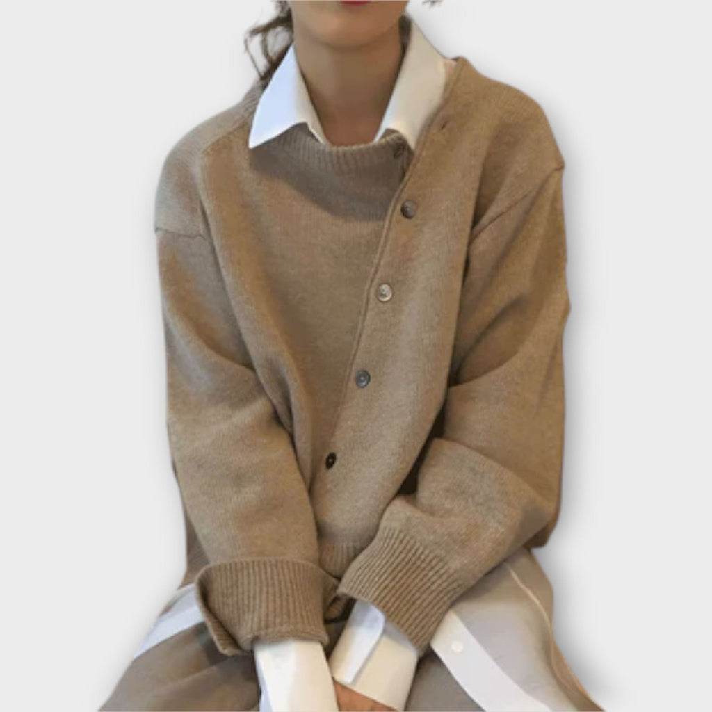 Women's knit cardigan with diagonal button front and long sleeves