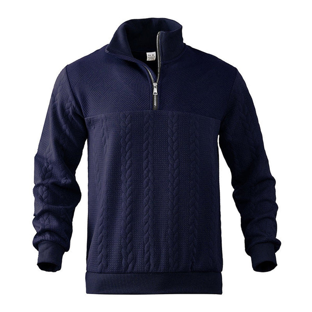 Men's quarter-zip jumper with stand collar and vertical cable-knit panels
