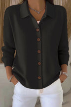 Women's plain knit cardigan with shirt collar, long sleeves and button front