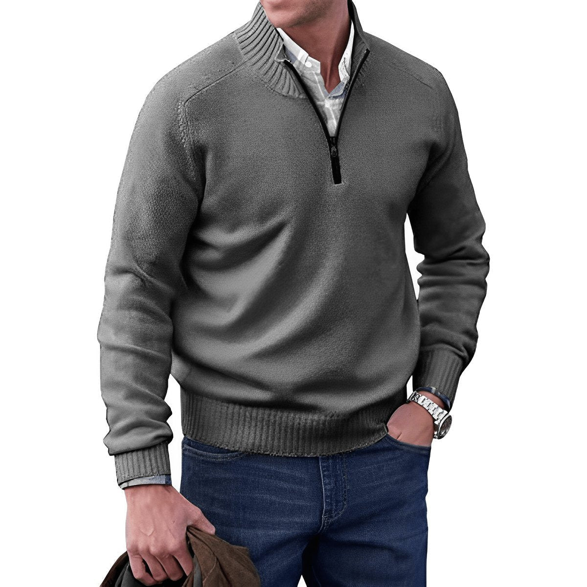 Men's quarter-zip knitted sweater with mock neck and ribbed trims