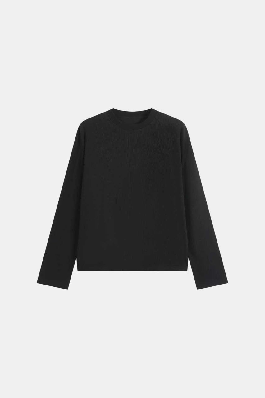Black men's waffle sweatshirt with vertical script graphic