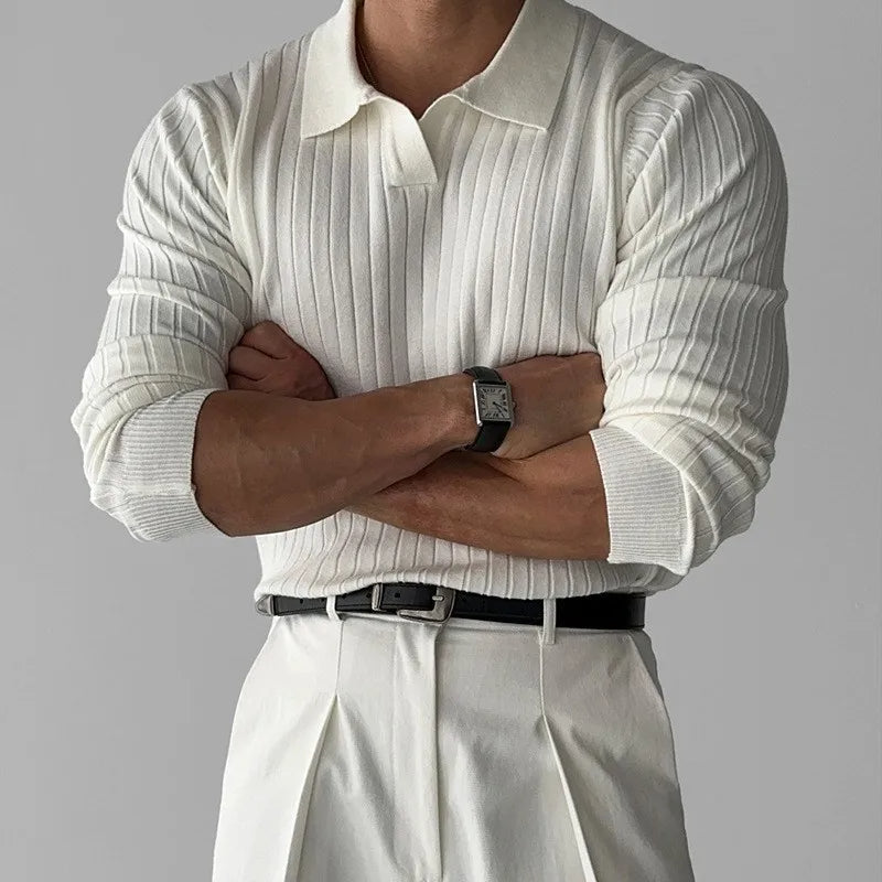Men's ribbed polo sweater with a collared neckline and long sleeves