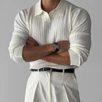 Men's ribbed polo sweater with a collared neckline and long sleeves