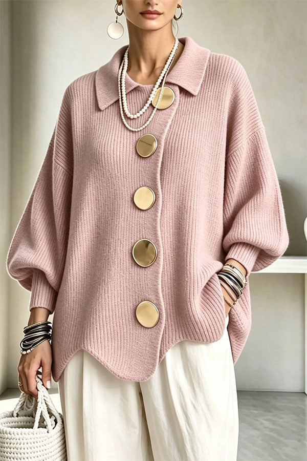 Women's oversized ribbed cardigan with collared neckline, balloon sleeves and large front buttons