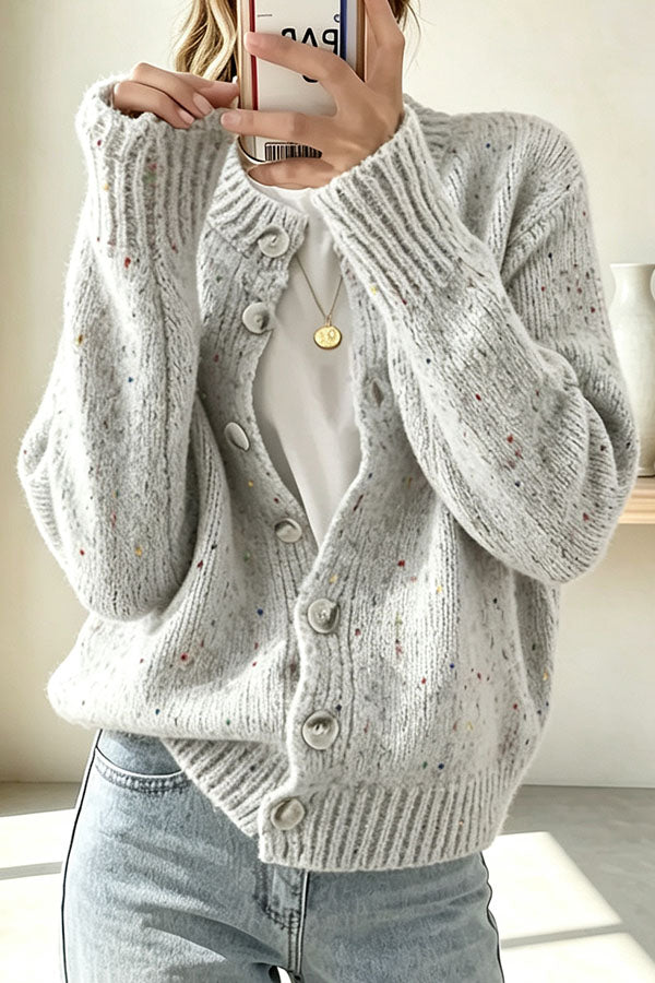 Women's knitted cardigan with scattered dots, long sleeves and button front