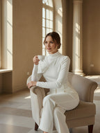 Women's white high neck sweatshirt with asymmetric pleated shoulder