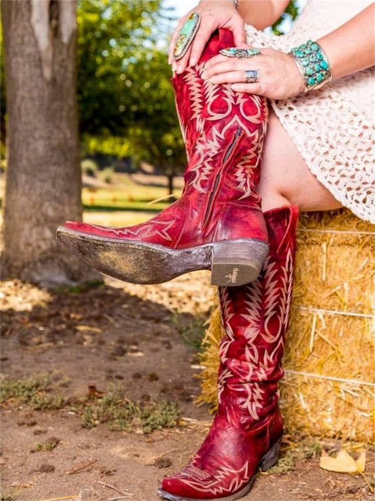 Women's knee-high Western cowboy boots with embroidered shafts