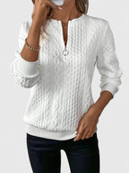 Women's textured quarter-zip sweater with long sleeves and ribbed trims