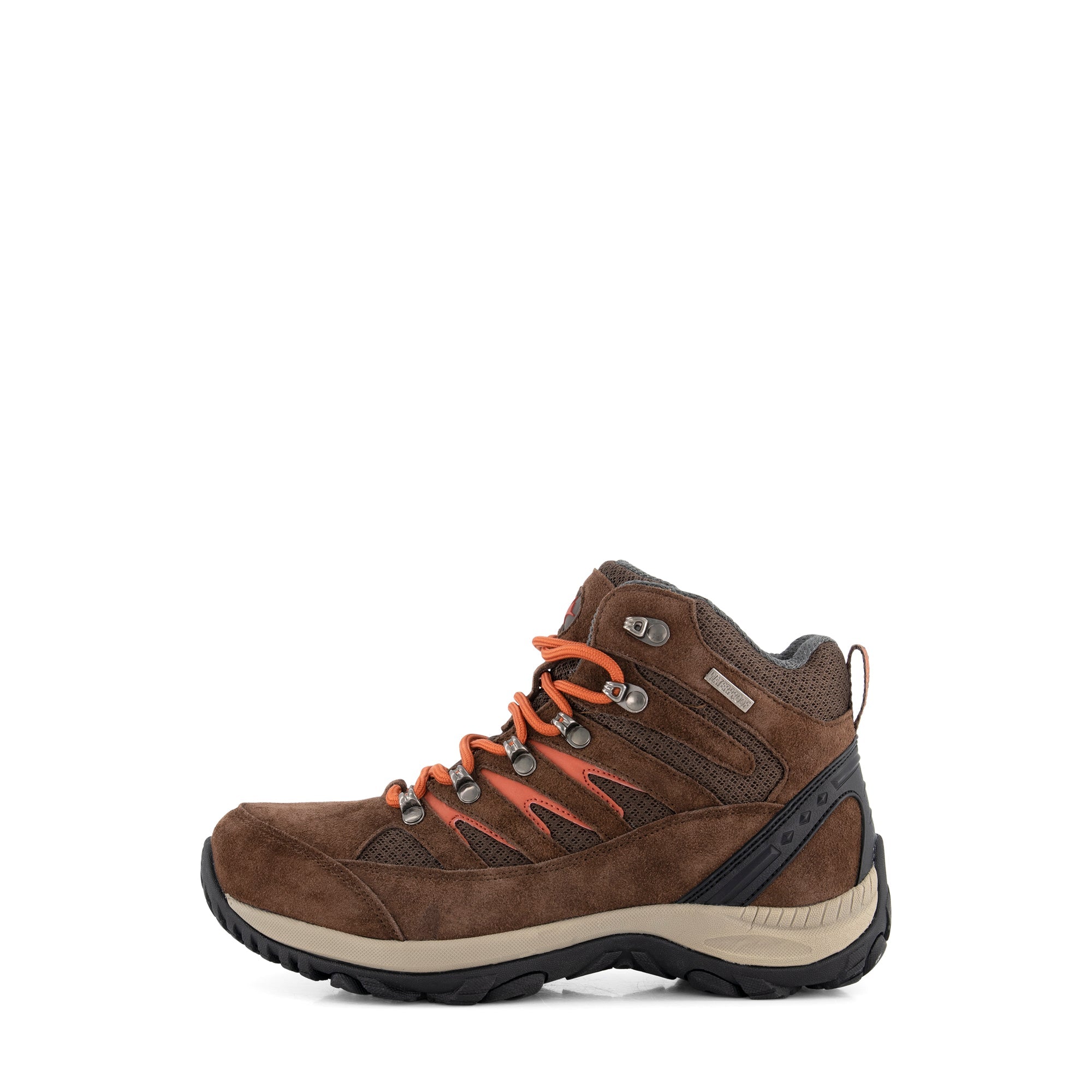 Brown mid-cut hiking boots with orange laces and lugged soles