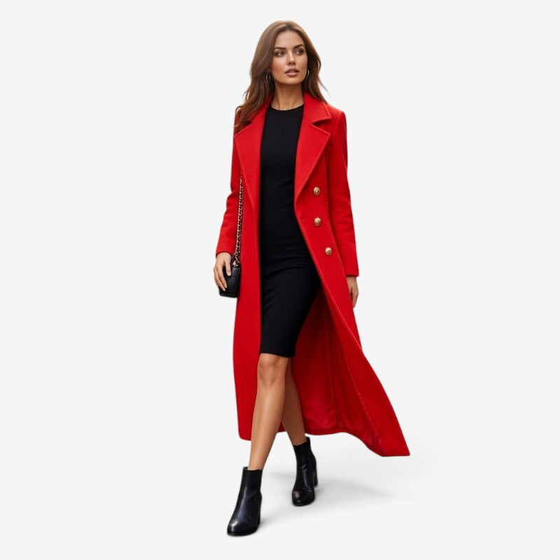 Women's long double-breasted coat with lapel collar, belt and side pockets