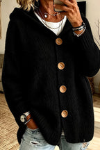 Women's long-sleeve hooded knit cardigan with four-button front