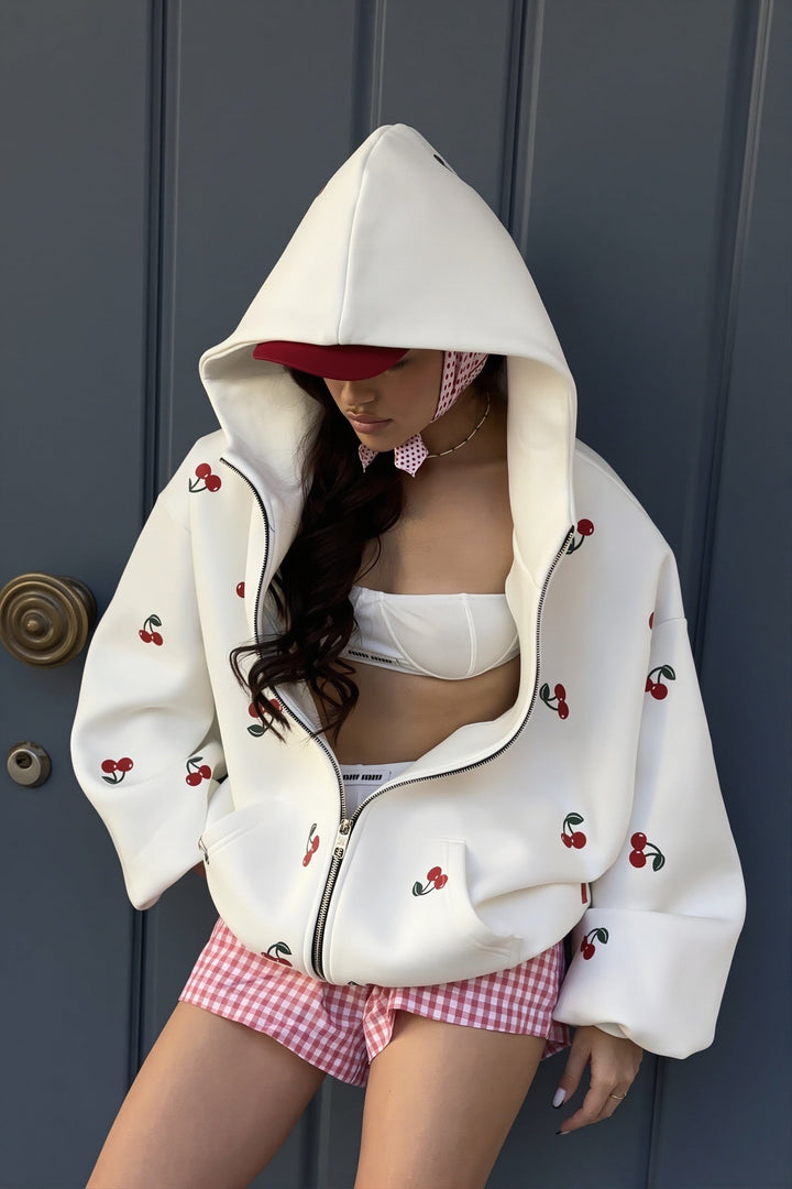 Women's oversized zip hoodie with repeated cherry print, hood and front pocket