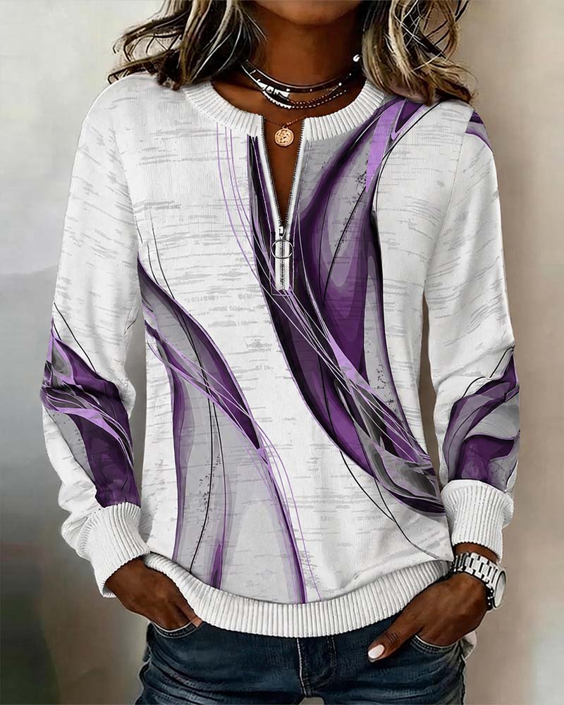 Women's abstract zip-up sweatshirt with ribbed trims and long sleeves